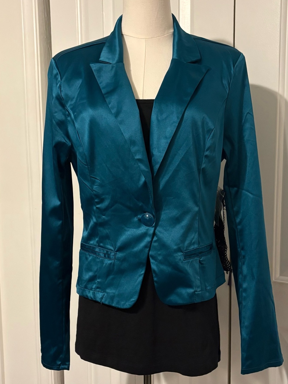 ASHLEY By 26 INTERNATIONAL Teal Satin Finish Single-Button Blazer